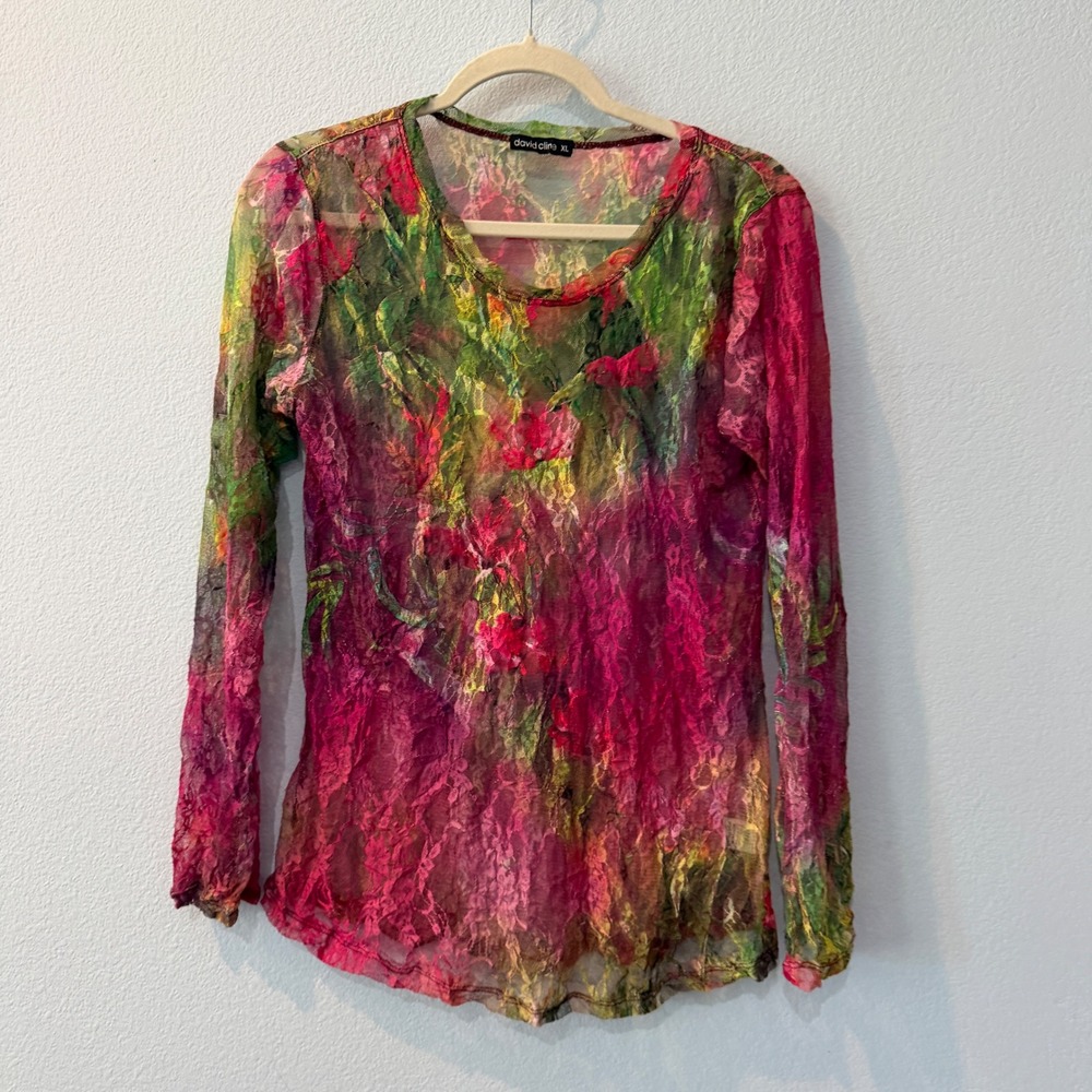 David Cline Womens XL Floral Lace Mesh Long Sleeve Top Fairy Whimsigoth Green